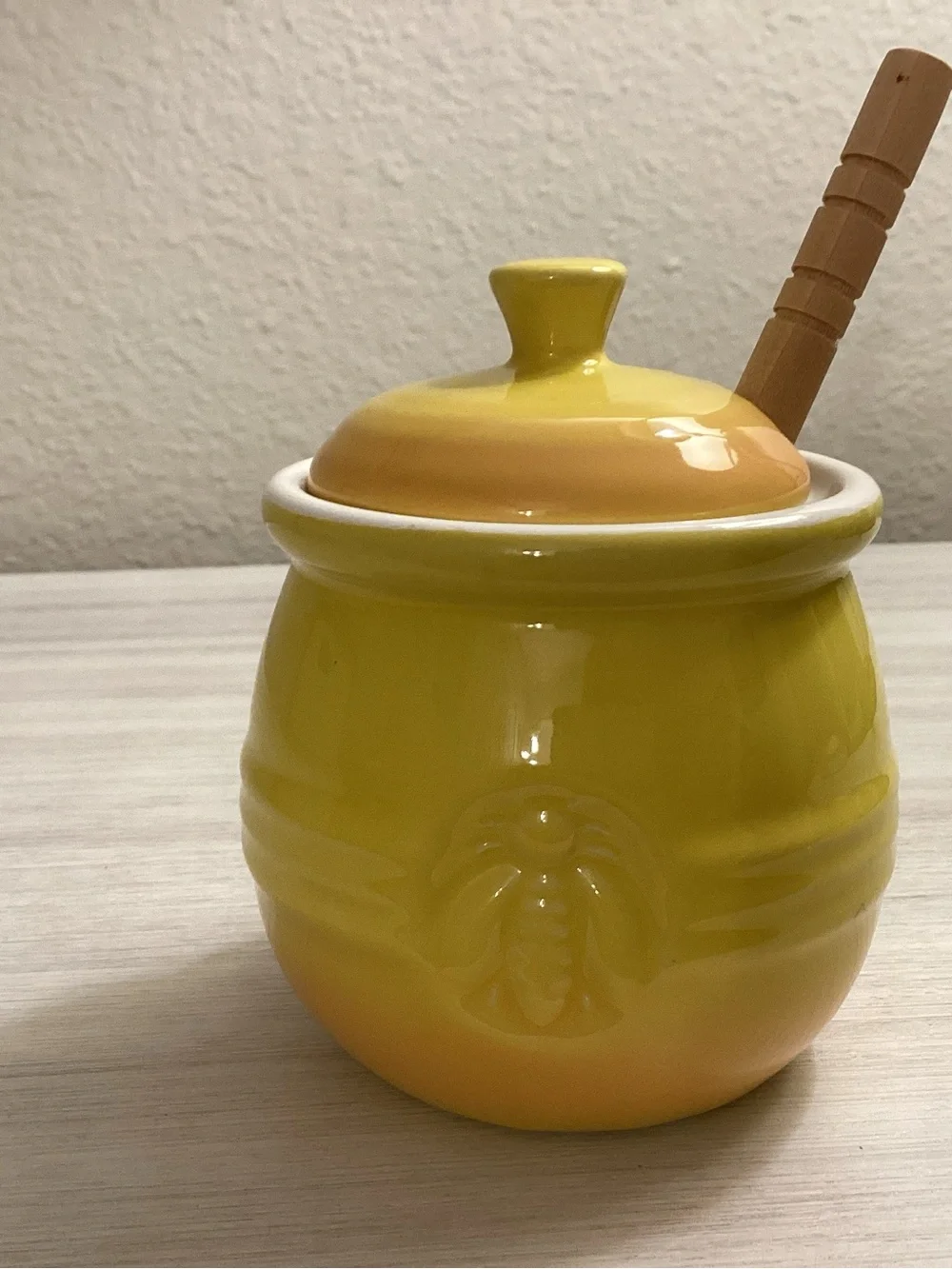 Creative Co-Op Embossed Stoneware Honey Pot with Wood Honey Dipper - NWOT